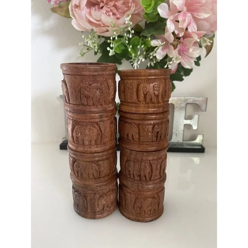 Vintage Elephant Retro Boho Hand Carved Wood Napkin Rings Holders India Set Of 8